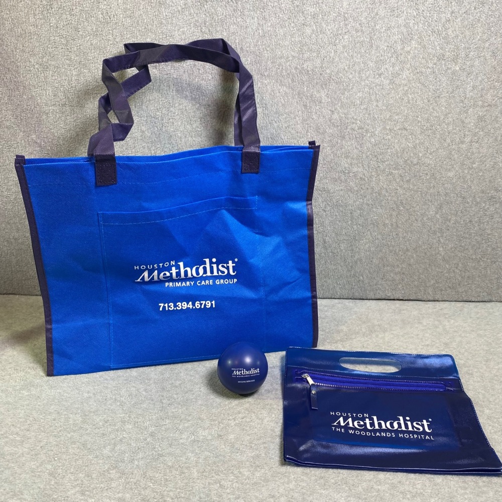 Houston Methodist‎ Grocery Tote Bag, Pouch & Stress Ball Set Blue Medical Swag